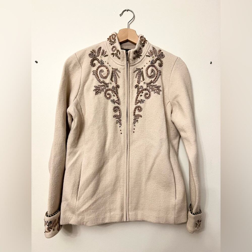 Icelandic design vintage cream boiled wool zip up beaded embroidered winter